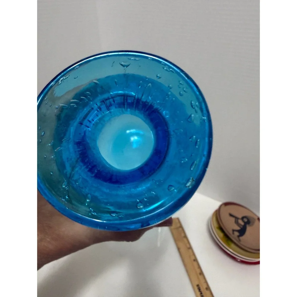 Turquoise Blue Controlled Bubble Art Glass Vase Hand Blown 8.5 inch Cylindrical